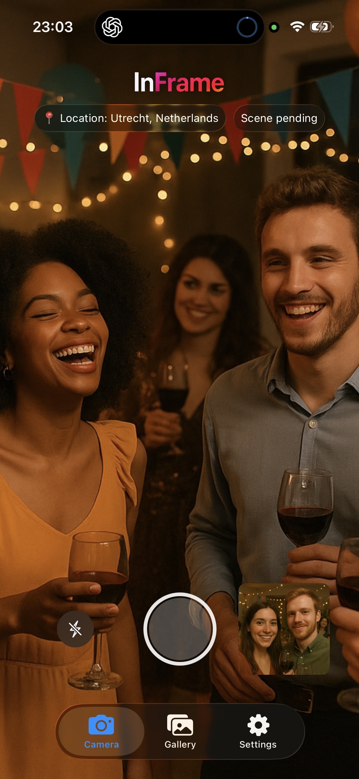 Preview of the InFrame app showing a composed selfie