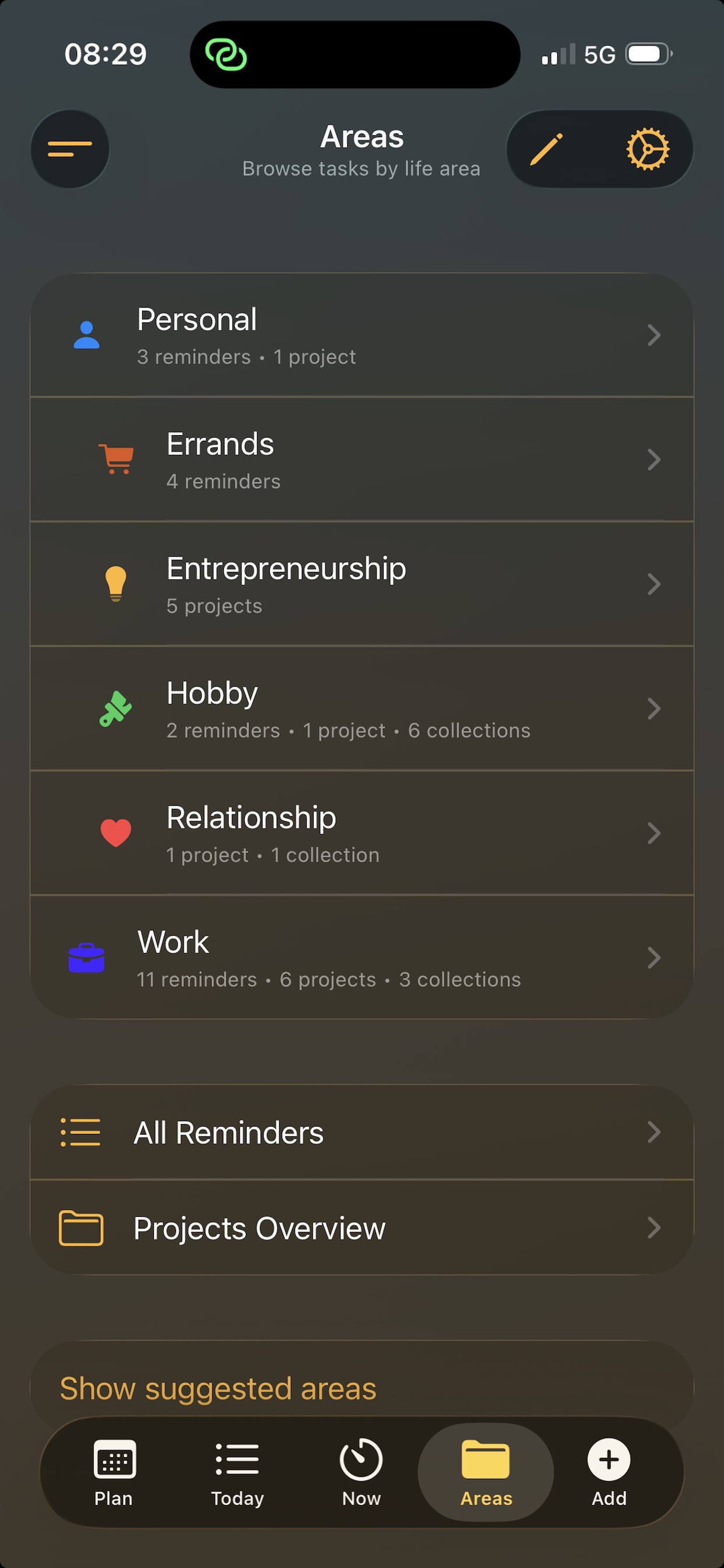 Areas view organizing tasks by life category