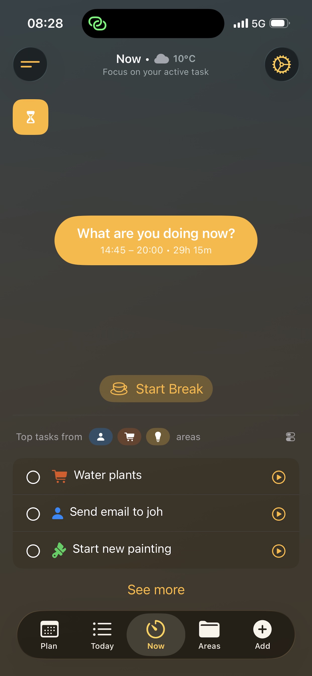Now view with active focus timer